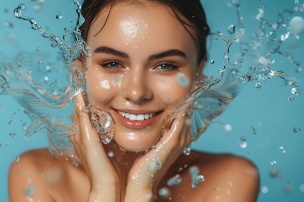 Foto bella modelo con salpicaduras de agua concepto de belleza de piel fresca