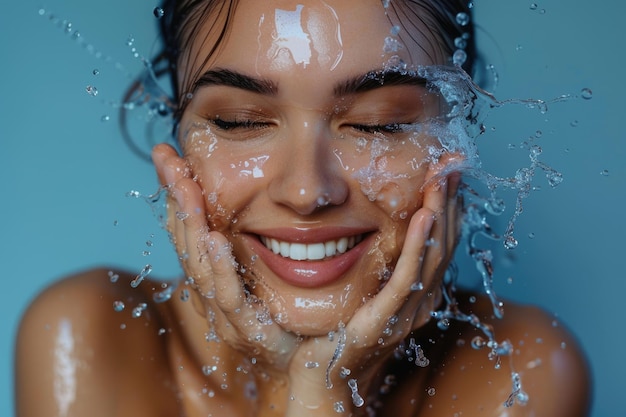 Bella modelo con salpicaduras de agua concepto de belleza de piel fresca