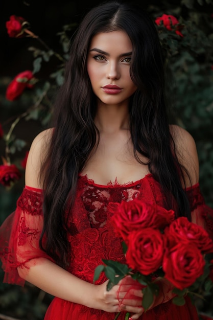 Bella morena con el pelo largo y negro con un vestido rojo con rosas rojas.