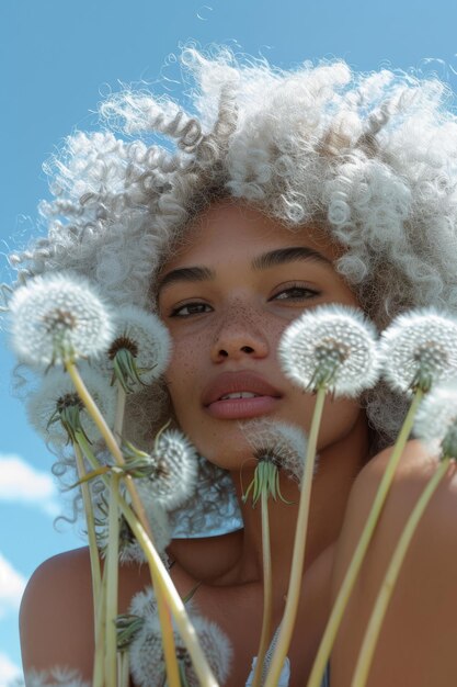 Foto bella mujer africana de cabello blanco y sosteniendo un ramo de diente de león contra el cielo