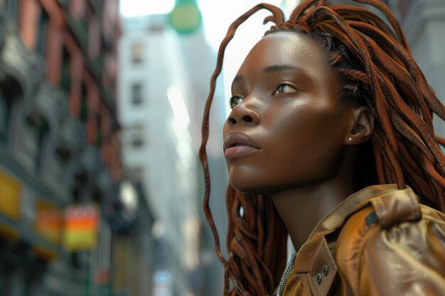 Bella mujer africana con dreadlocks en la ciudad