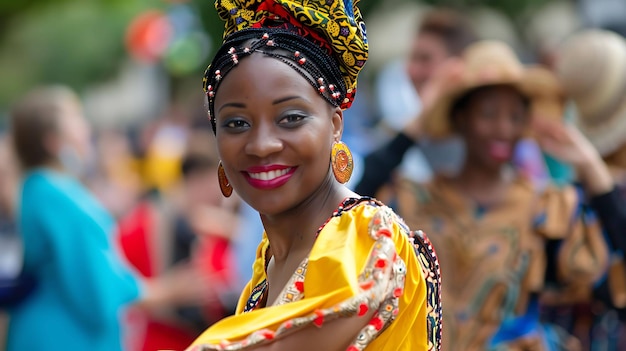 Bella mujer africana con tocado y ropa tradicional tiene una gran sonrisa en la cara y está mirando a la cámara