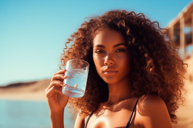 Bella mujer afroamericana bebiendo agua en la playa