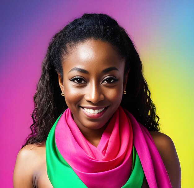 Bella mujer afroamericana con una bufanda colorida en un fondo colorido