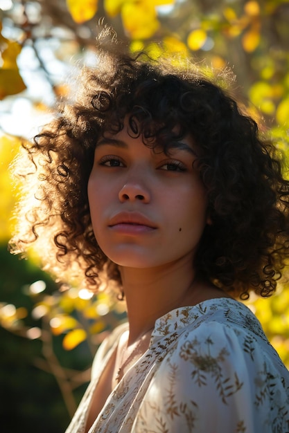 Bella mujer afroamericana con cabello rizado en el parque de otoño