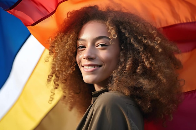 Bella mujer afroamericana con cabello rizado sosteniendo una bandera arco iris al aire libre
