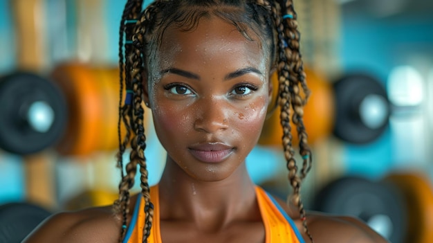 Bella mujer afroamericana con dreadlocks posando en el gimnasio