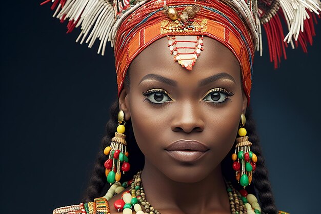 Bella mujer afroamericana con maquillaje brillante y joyas en fondo oscuro