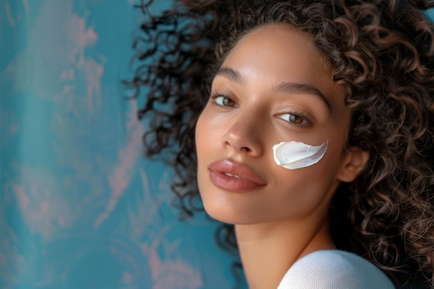 Foto bella mujer afroamericana con peinado afro con crema hidratante en la cara