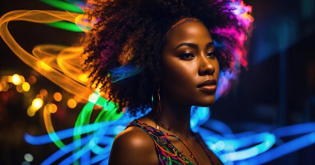 Bella mujer afroamericana con peinado afro y delineado en luz ai generativo