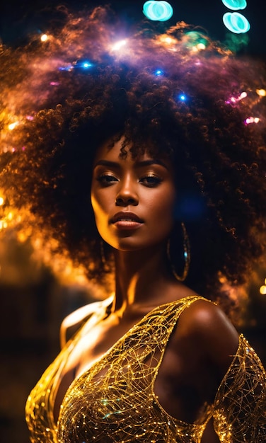 Foto bella mujer afroamericana con peinado afro y delineado en luz ai generativo
