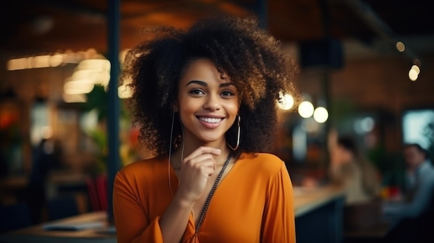 Bella mujer afroamericana con peinado afro escuchando música con auriculares IA generativa