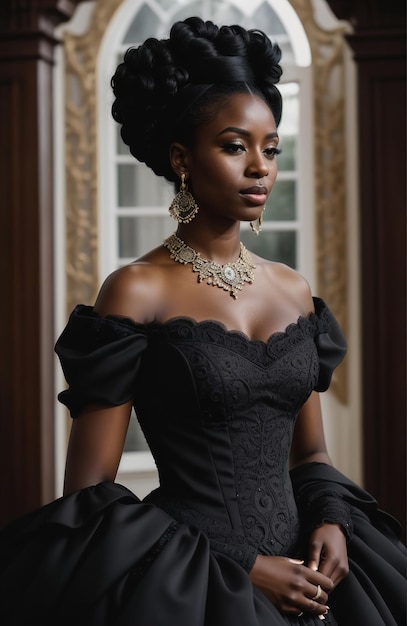 Bella mujer afroamericana con vestido negro y joyas