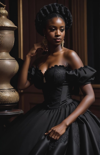 Bella mujer afroamericana con vestido negro y joyas