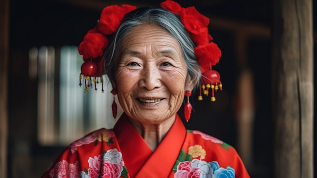 Bella mujer de aldea china en kimono rojo