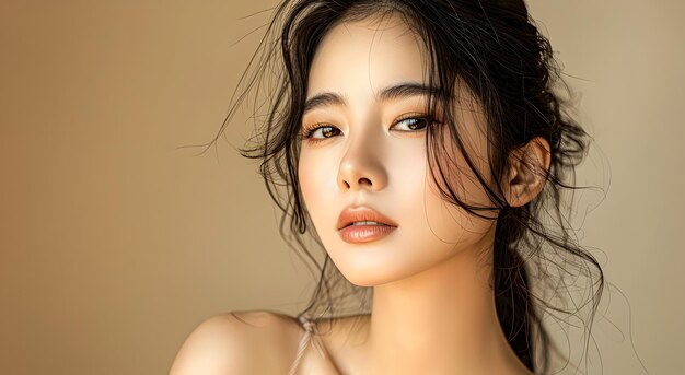Bella mujer de apariencia asiática de fondo beige