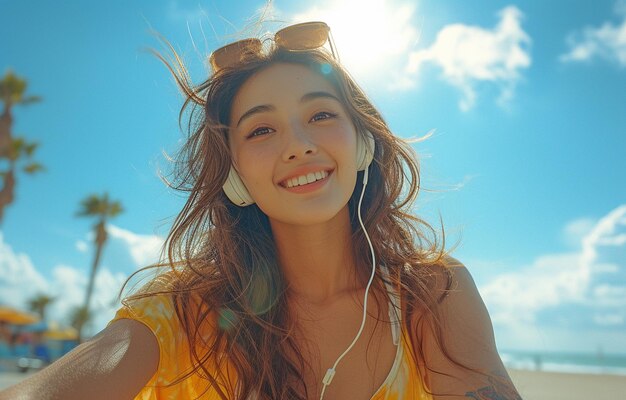 Bella mujer asiática activa y hipster feliz con auriculares escuchando música mientras lleva pantalones cortos y una camisa casual