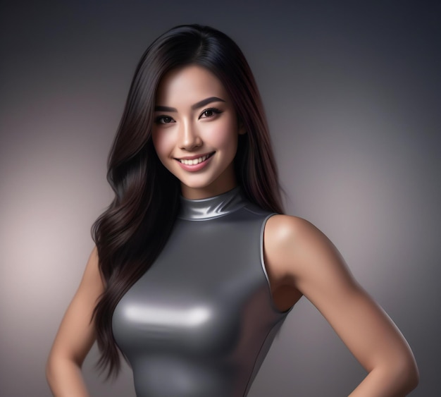 Bella mujer asiática con cabello largo y vestido de látex plateado