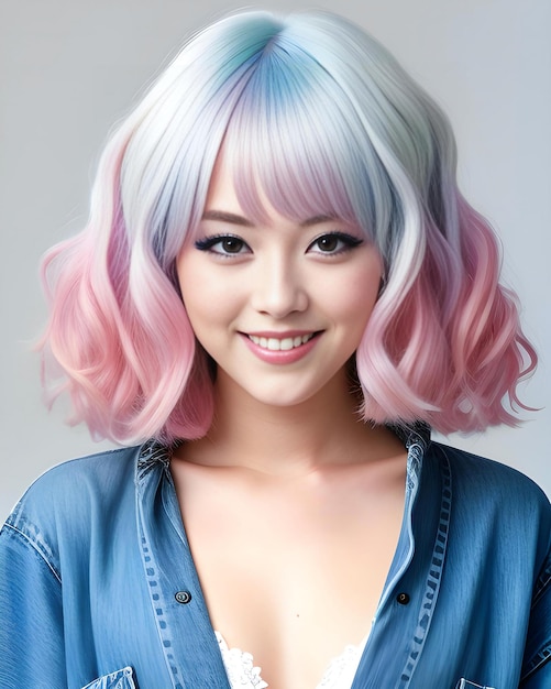 Bella mujer asiática con cabello rosa y camisa azul sobre fondo gris