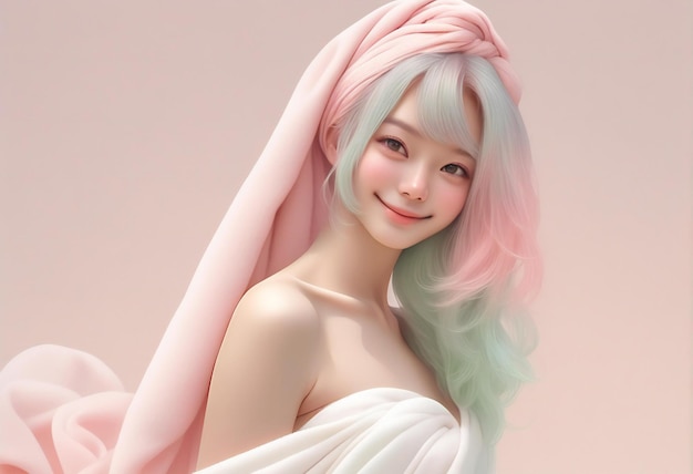 Bella mujer asiática con cabello rosa y tela blanca sobre fondo rosa