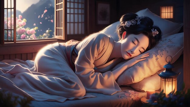 Foto bella mujer asiática dormir y dulce sueño en la cama en el dormitorio por la mañana sentirse tan relajado y c
