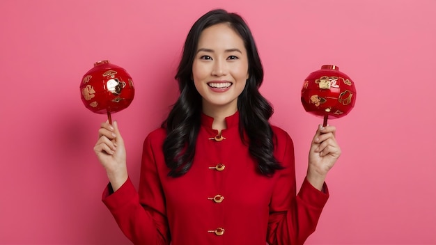 Bella mujer asiática feliz sonriendo y sintiéndose emocionada en el año nuevo chino sobre fondo rosa