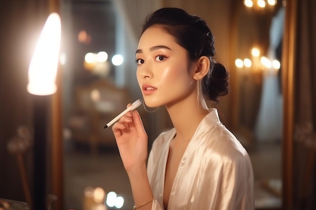 Bella mujer asiática frente al espejo aplicando maquillaje en los labios con lápiz labial en la sala de estar