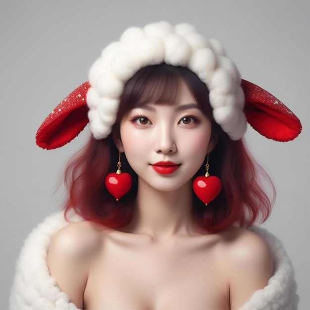 Bella mujer asiática con labios rojos y cabello rojo usando un sombrero de piel blanca