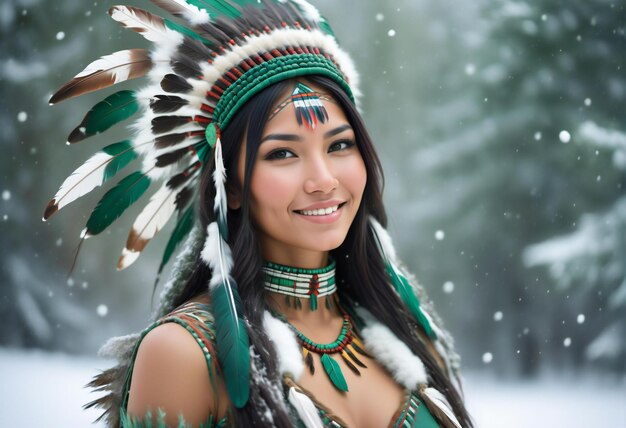 Bella mujer asiática en traje nativo americano en el bosque