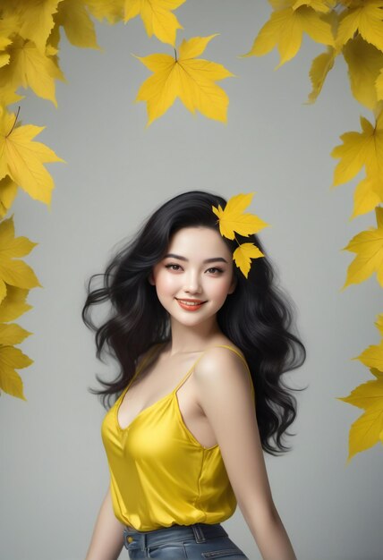 Foto bella mujer asiática en vestido amarillo con hojas de otoño en fondo gris