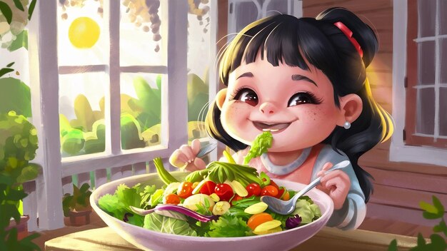 Bella mujer belleza asiática chica linda se sienten felices comiendo comida de dieta ensalada fresca para una buena salud en t