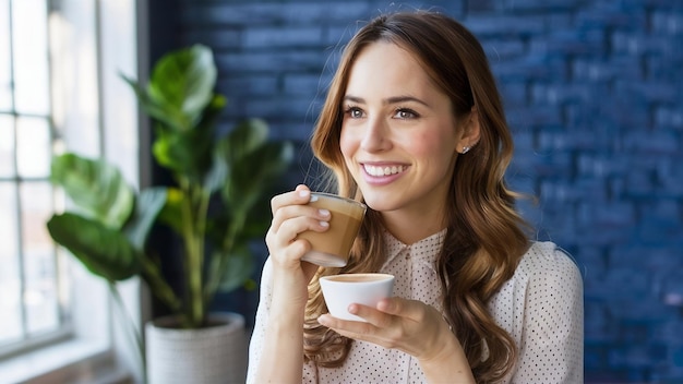 Bella mujer belleza chica linda se sienten felices bebiendo café por la mañana