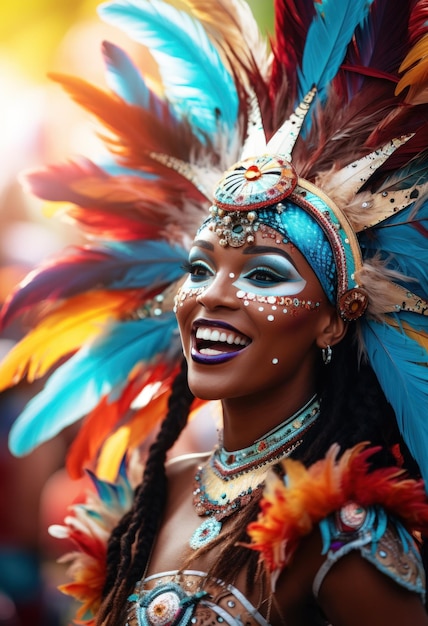 Bella mujer brasileña vestida con ropa de carnaval bailando brasileña con traje de samba hermosa bailarina de samba actuando en el carnaval retrato mujer de sonrisa feliz