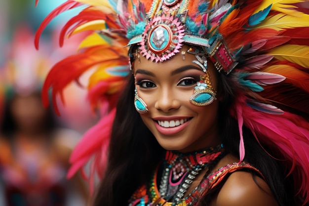 Bella mujer brasileña vestida con ropa de carnaval bailando brasileña con traje de samba hermosa bailarina de samba actuando en el carnaval retrato mujer de sonrisa feliz