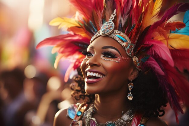 Bella mujer brasileña vestida con ropa de carnaval bailando brasileña con traje de samba hermosa bailarina de samba actuando en el carnaval retrato mujer de sonrisa feliz