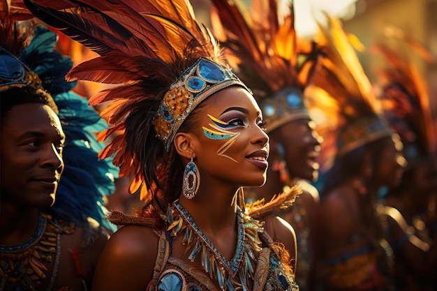 Bella mujer brasileña vestida con ropa de carnaval bailando brasileña con traje de Samba