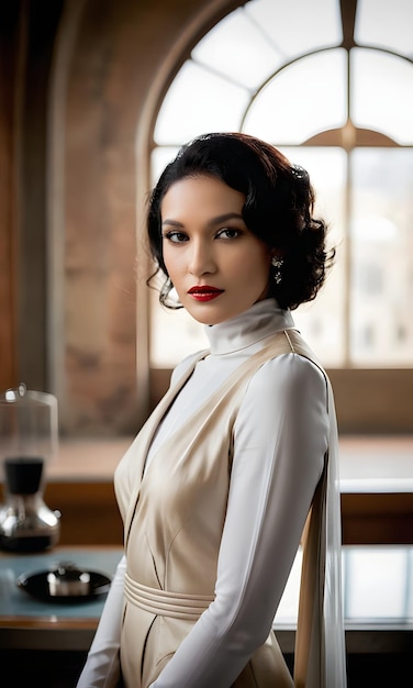 Bella mujer de cabello castaño con vestidos de moda y elegantes joyas