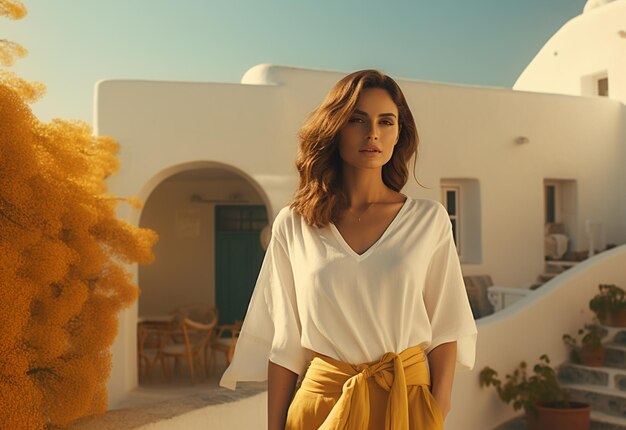 Bella mujer de cabello rojo en vestido blanco en el fondo de la arquitectura en Santorini