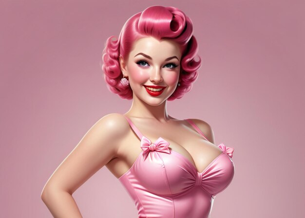 Bella mujer con cabello rosa en estilo pinup estilo retro