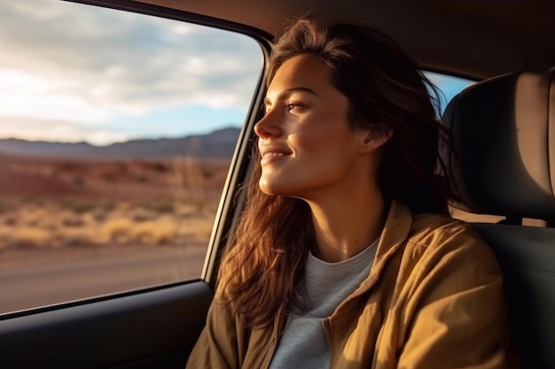 Bella mujer en el camino disfrutando de la vista de la ventana al desierto y viajando en un