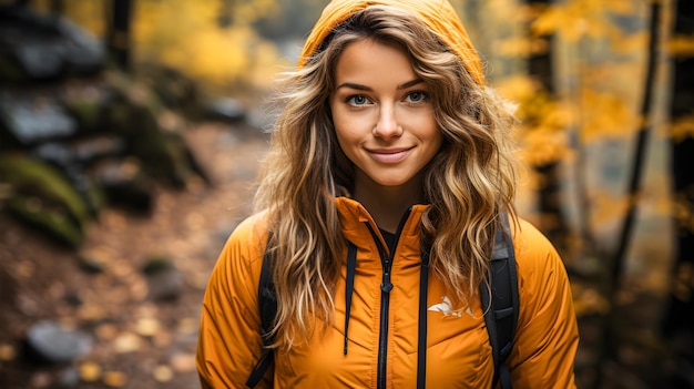 Bella mujer caucásica sonriendo vestida de amarillo en el bosque con colores de otoño temporada de otoño senderismo y montaña