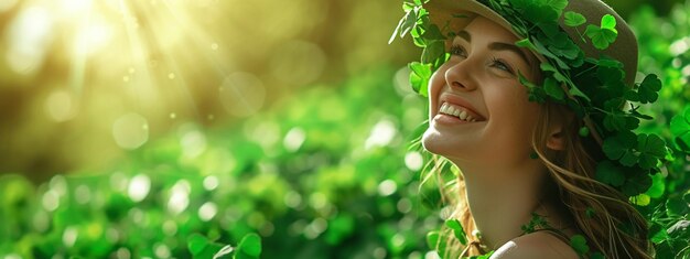 Foto bella mujer con corona de trébol feliz y sonriente