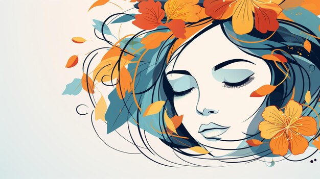 Bella mujer de dibujos animados peinado lindo flores fondo claro arte generado por IA