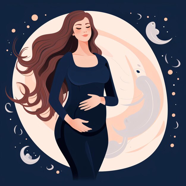 Bella mujer embarazada con cabello largo y negro flores vector ilustración poster de fondo