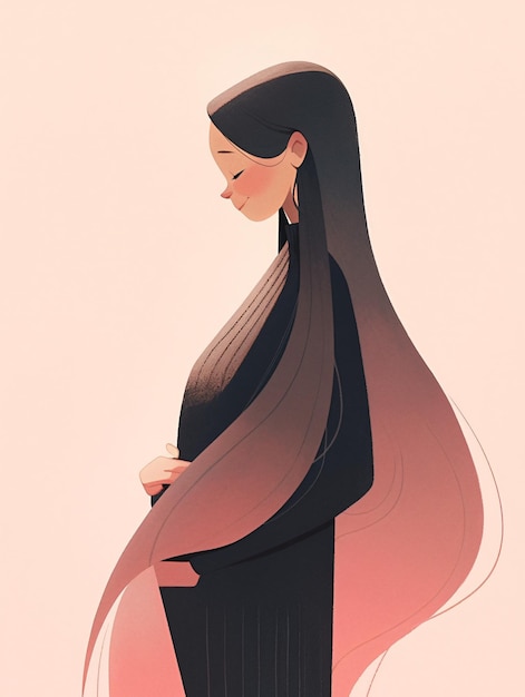 Bella mujer embarazada con cabello largo y negro póster de ilustración vectorial con fondo rosa