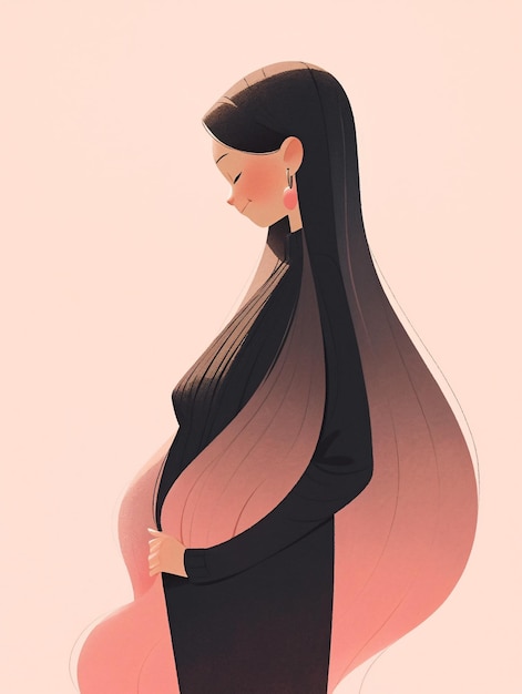 Bella mujer embarazada con cabello largo y negro póster de ilustración vectorial con fondo rosa