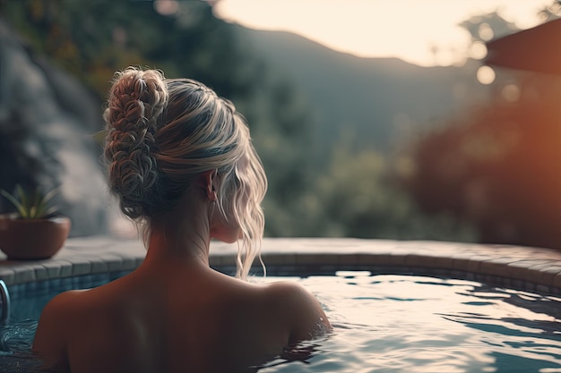 Bella mujer de espaldas relajándose en un jacuzzi Ai generativo