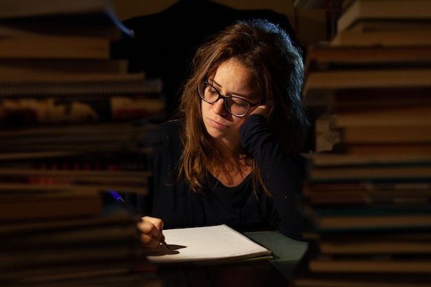 bella mujer estudia en una biblioteca por la noche