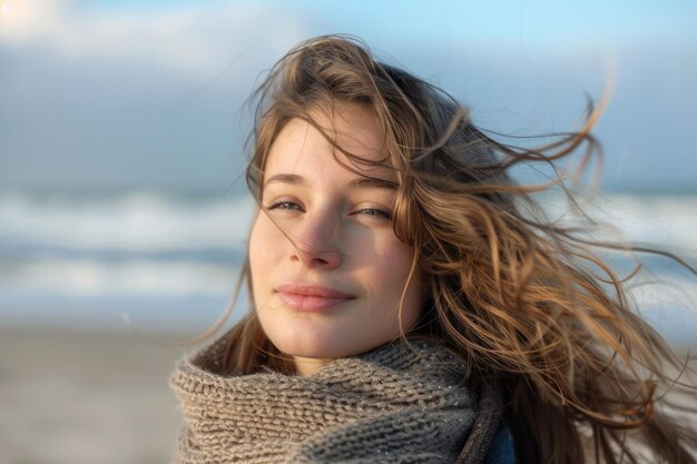 Bella mujer feliz en la playa con el retrato del cabello soplado por el viento