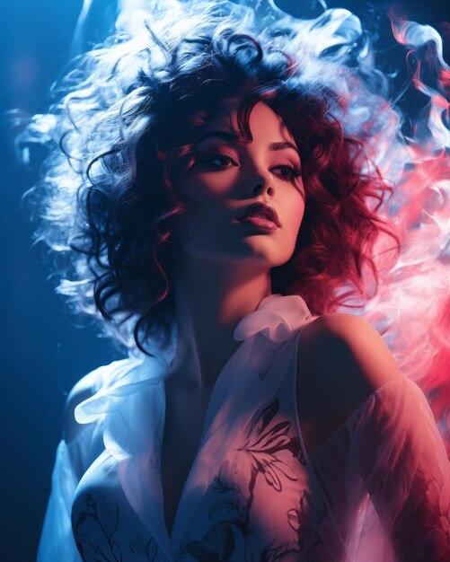 Bella mujer con humo rojo y azul en el pelo.